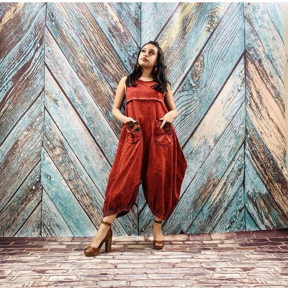 Stonewash Patchwork Romper Jumpsuit Harem Pant - Picture 4 of 7